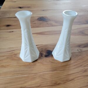 Vintage Hoosier Glass "Starburst" Milk Glass Bud Vases - Set of 2